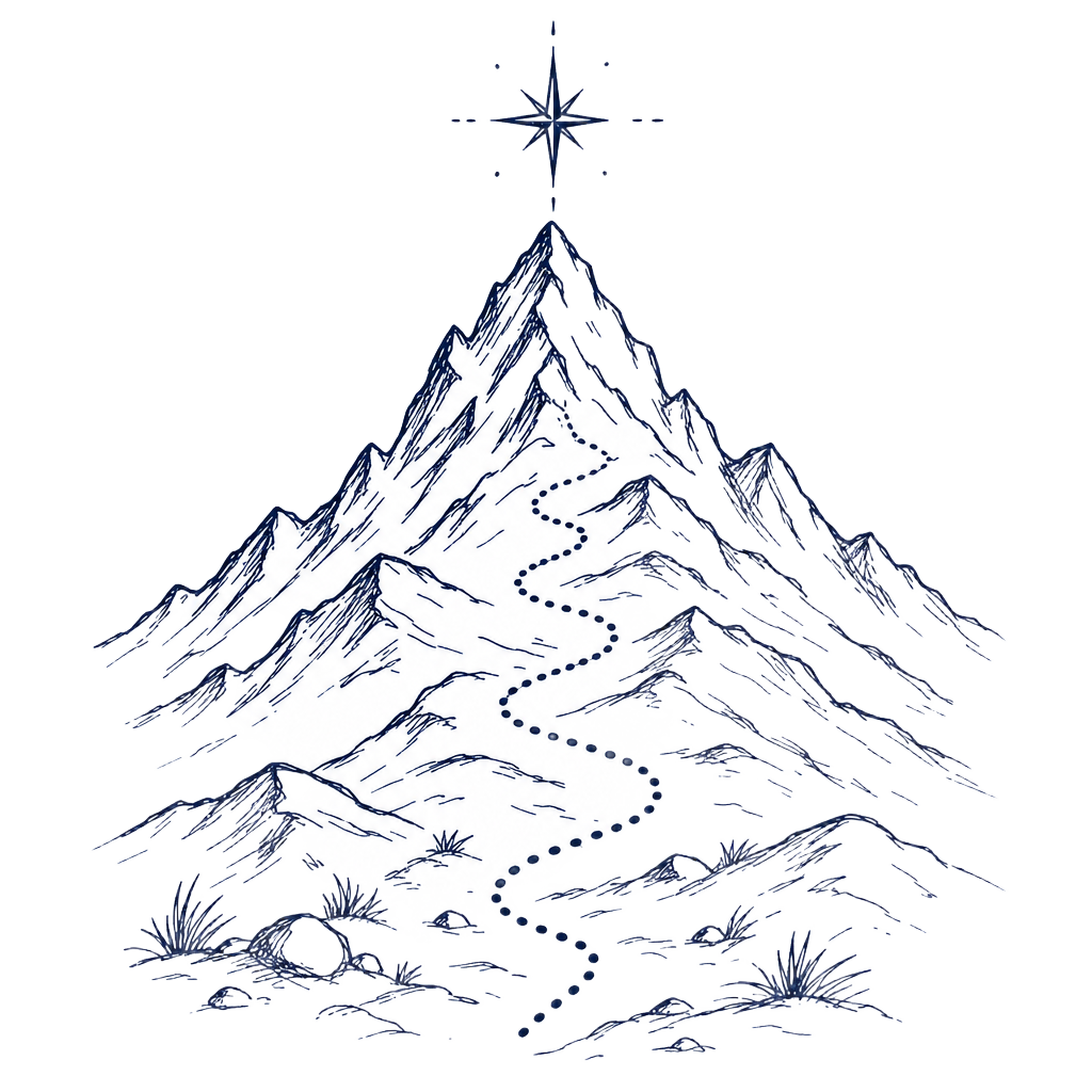 Hand-drawn ink illustration of a winding trail leading to a mountain peak under a north star