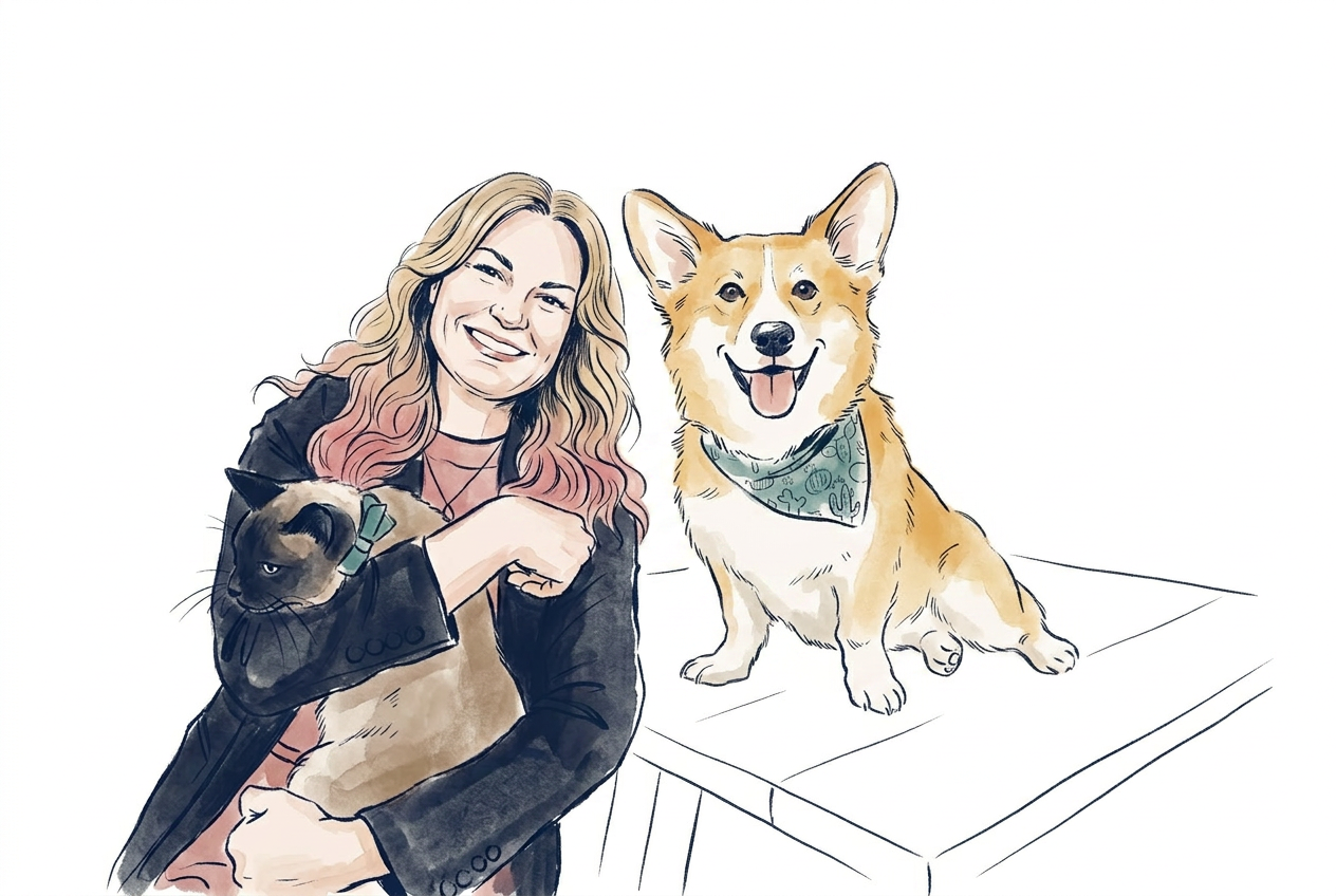 Illustrated portrait of Erynne Zhang with her cat and corgi